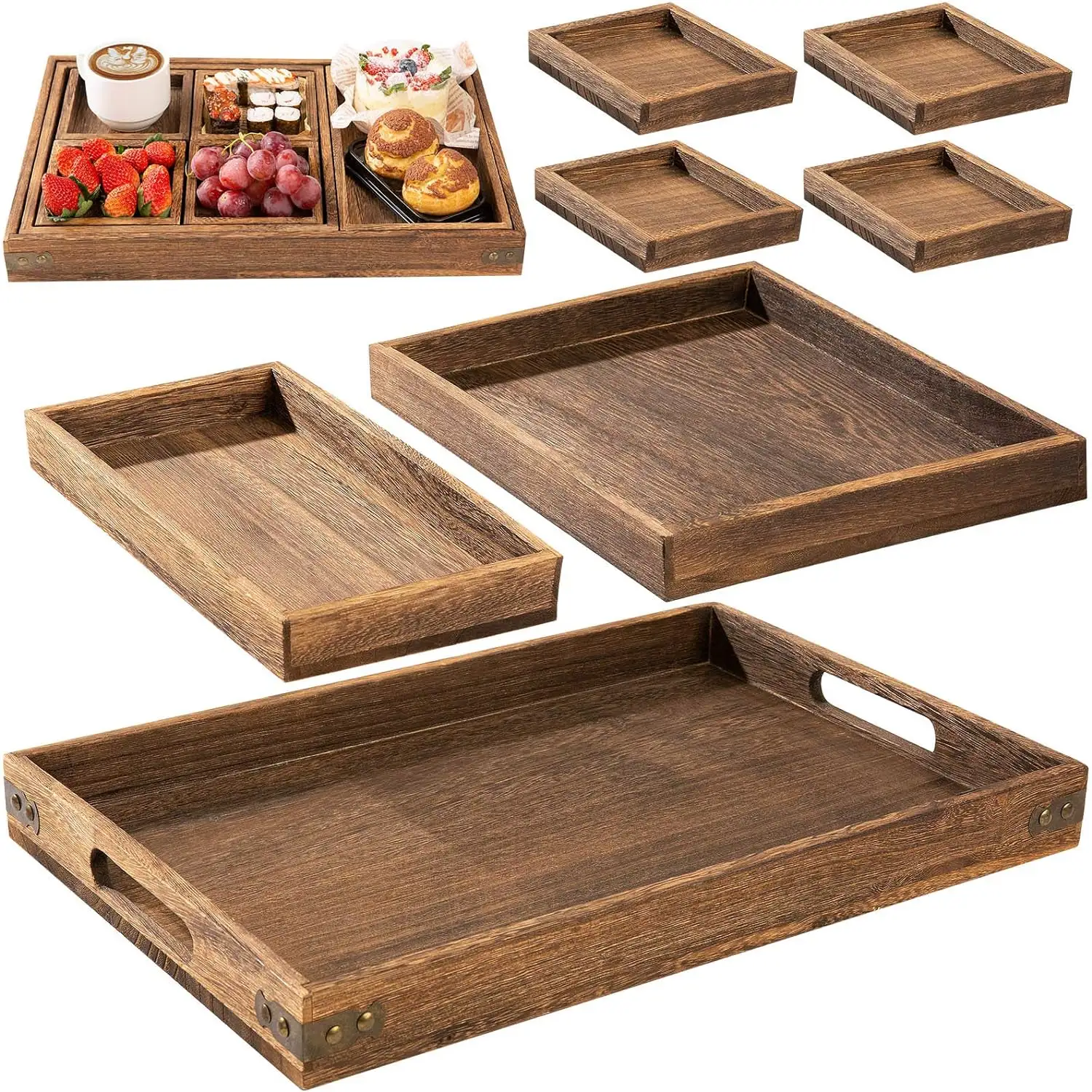 7-Piece Set Country Style Wooden Tray Handle Rectangular Plates Cheese Board for Ottoman Coffee Table Breakfast Home Decor