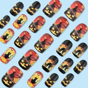 Fournitures pour ongles Produits de beauté Appuyez sur les ongles <span class=keywords><strong>Halloween</strong></span> <span class=keywords><strong>Orange</strong></span> Night Evil Pumpkin Hat Cat Nails Wearable Reusable 24Pcs Finger - Product Image 4