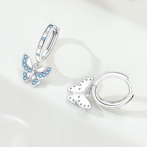 White brass butterfly <b>earrings</b>, set with blue crystal rhinestones, <b>cute</b> and fashionable pendant <b>earrings</b> for women, jewelry gift - Product Image 4