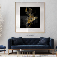 Tableaux sur toile de fleurs en feuille d'or Décoration de la maison de salon avec verre et tapis encadré Oeuvre imprimée