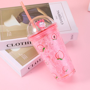 450ml Fresh Mixed Fruit Print Double Wall <b>Plastic</b> Tumbler with Straw Dome Lid Silver Glitter & Mini Cartoon Monkey Figurine - Product Image 4