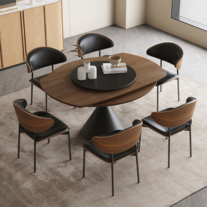 Solid Wood Extendable <b>Dining</b> <b>Table</b> Round Walnut Top Black Base Modern Minimalist Design For <b>Dining</b> Room - Product Image 3