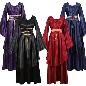 Baige Gothic Dress Women Halloween Plus Size Flared Sleeve Dress Sexy Lace Up Medieval Dress