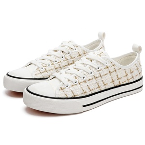 Baskets en caoutchouc pour femmes, chaussures en Tweed noir et blanc à carreaux pour femmes, hauts bas en cuir à lacets, chaussures en <span class=keywords><strong>toile</strong></span> confortables, vente en gros - Product Image 1