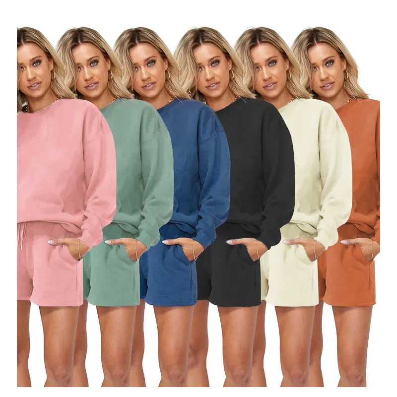 कस्टम कढ़ाई PrintWomen Tracksuit Crewneck Sweatshirt के सेट 2 टुकड़ा पसीने और शॉर्ट्स सेट महिलाओं