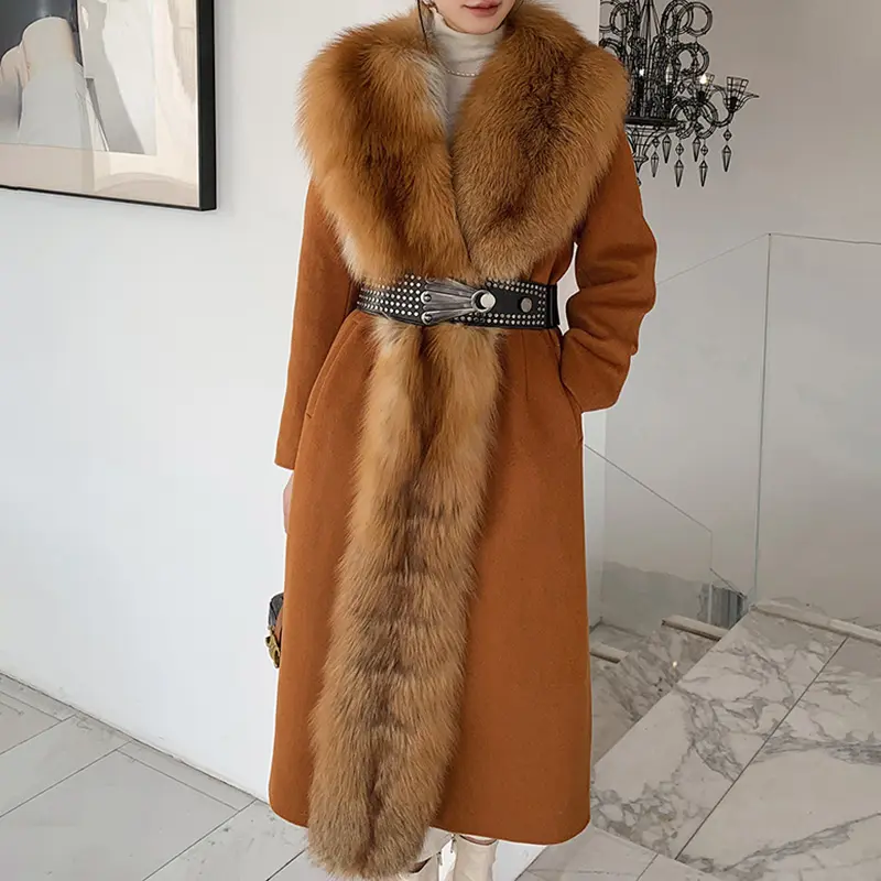 Women Luxury Wool Coat with Big Fox Fur Collar Cashmere Wool Long Coat for Women