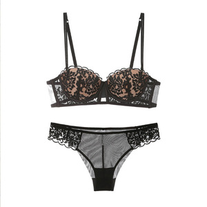 Broderie française dentelle sous-vêtements mince coton demi-tasse petit <span class=keywords><strong>sein</strong></span> Push up soutien-gorge montrer poitrine grand Anti-affaissement Sexy soutien-gorge ensemble - Product Image 5