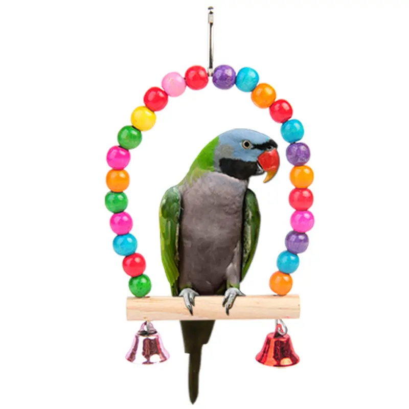 Estação de papagaio quadro de contas de madeira, arco de pendurar gaiola balanço com jingle papagaio