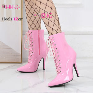 Croisé rose bout pointu bottines 12cm Sexy fétiche décapant chaussures en cuir verni ZIP bottes courtes femmes talons grande taille 46 - Product Image 1