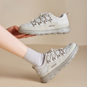 Women's Toe Lace-Up Sporty <b>Sneakers</b> Solid Color <b>Leather</b> Upper EVA Midsole Cushioned Warm Rubber Outsole Spring Casual Shoes - Product Image 1
