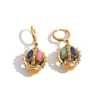 Boucles d'oreilles créoles JINYOU 8086 rétro en acier inoxydable plaqué or PVD, avec cage en résine acrylique multicolore, bijoux pendantes