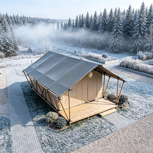Tenda Glamping Invernale in Legno con Terrazza Rialzata, Tenda Safari Villa Antivento e Calda per Campeggio in Montagna e Foresta - Product Image 1
