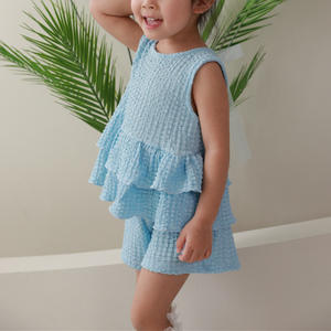 Rosa e <span class=keywords><strong>blu</strong></span> bicolore torta estiva senza maniche Top + Shorts Set completo da ragazza in tinta unita - Product Image 6