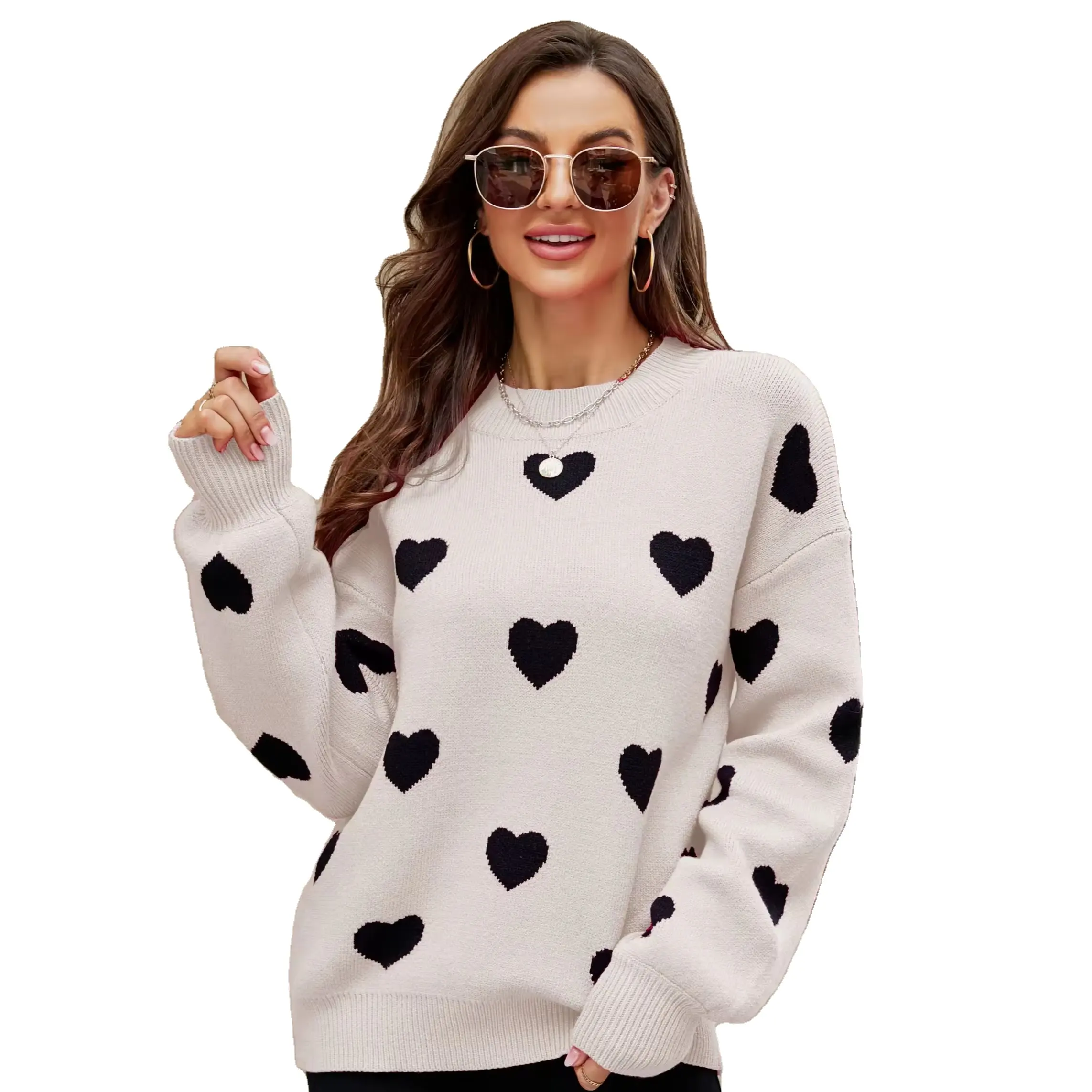 Atacado amor coração fantasia pulôver gráfico de malha suéter solto tamanho grande suéter para mulheres