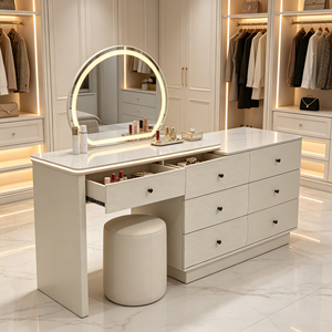Ensemble coiffeuse crème brillant avec miroir LED rond, tabouret cylindrique horizontal à 6 tiroirs, armoire extensible et bureau de maquillage - Product Image 3