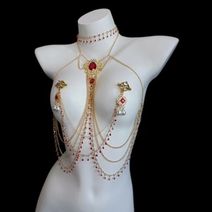BANSEY Exquisite Ruby Gem Nipple Clamps with Draping Gold Body Chain Harness Non Pierced Alligator Clips Erotic Breast Jewelry - Product Image 2
