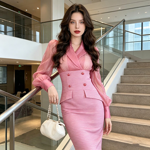 ZYHT 20185 Herbst Damen Elegantes Patchwork Tweed Hemdkleid Transparente Lange Puffärmel Knöpfe V-Ausschnitt Rosa <span class=keywords><strong>Blazer</strong></span>-Kleider für Frauen - Product Image 2