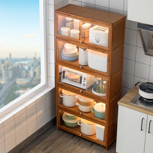 Kitchen <b>Storage</b> Cabinet Bamboo Multi Functional With Door For Pots Pans Dishes Condiments And <b>Microwave</b> Oven - Product Image 2