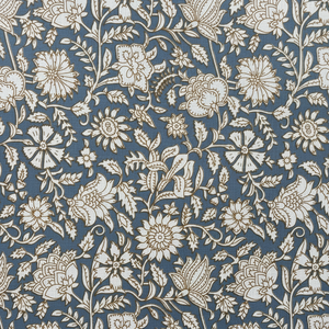 Tela de Algodón Estampada a Mano con Diseño Floral Indio, Color Azul Abeto, Naranja Gamboge, Multiusos, por Metro, para Ropa de Mujer y Fundas de Almohada - Product Image 1