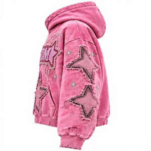 Custom <b>Pink</b> Rhinestone Zip-Up Fleece Unisex Regular Fit Streetwear <b>Hoodie</b> Flame Star Design Glitter Print Front Logo Regular - Product Image 3