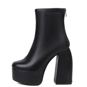 High Block <b>Heels</b> Big Size 48 Women Short Platform Ankle Boots <b>Round</b> <b>Toe</b> Spring Autumn High-Heeled Wide Fit Shoes - Product Image 3