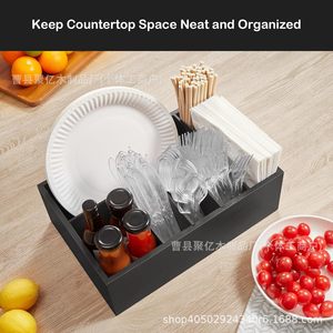 Boîte de rangement pour couverts en bois noir, 6 compartiments, organiseur de cuisine pour couteau, fourchette, cuillère, support à épices - Product Image 3