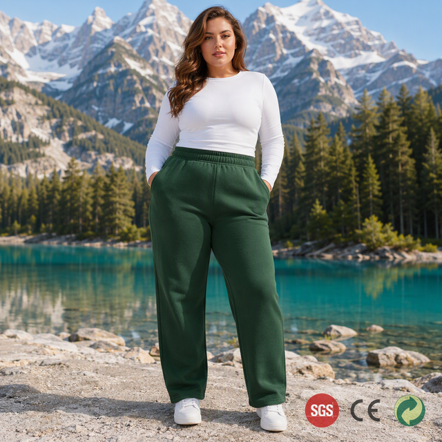Custom Premium Heavyweight Deep Forest Green Wool Blend Straight Leg Sweatpants Plus Size Women Winter Fleece Pants Elastic