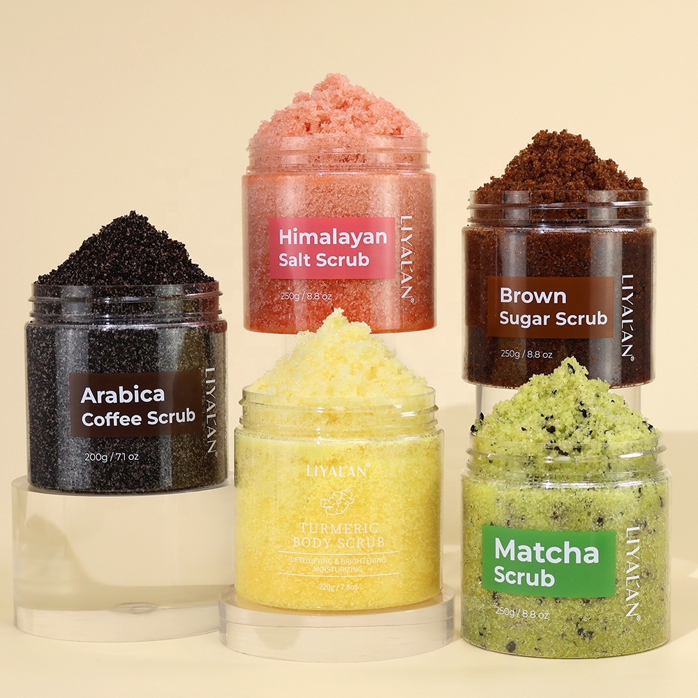 Bodyscrub ฉลากส่วนตัวมังสวิรัติหิมาลัยเกลือทะเลเดดสุกรน้ําตาลน้ําตาลมัทฉะกาแฟขมิ้นขัดผิวขัดผิว