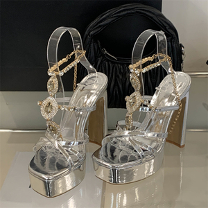 XSD 2025 Open Toe Square Head Super High Heels European American Summer Fashion Sexy Gold Bridal Ladies Sandals <b>Plastic</b> Outsole - Product Image 2