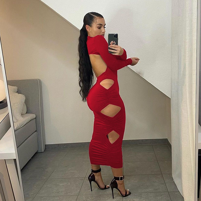 S-14 с длинным рукавом на весну с низким вырезом на спине платья 2021 с вырезами пикантные облегающее миди с открытой спиной темно-красные платья для женщин