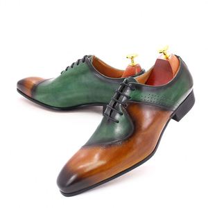 Chaussures Oxford tendance 2021, marron, bout pointu, en cuir vert, à lacets, pour homme, mariage, soirée, chaussures habillées formelles - Product Image 2