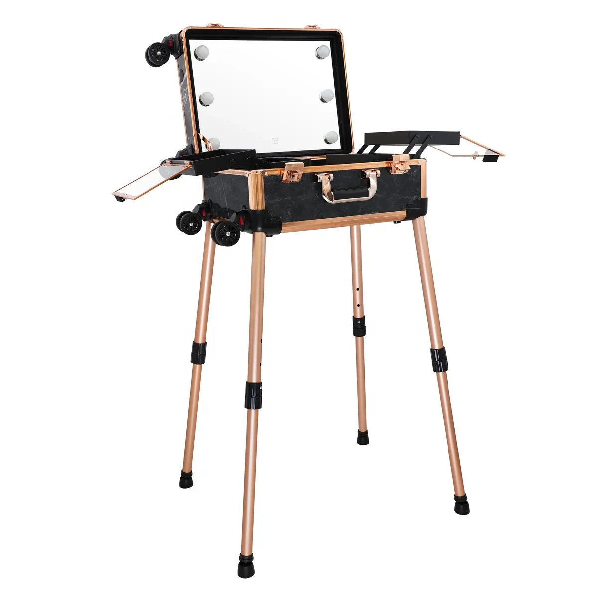 Keyson professional customized black marble pattern mobile aluminum studio makeup trolley case with lights and legs
