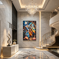 Art Mural Porcelaine Cristal Incrusté Diamants Seigneur Krishna flûte vache sacrée Décoration Murale Hindoue