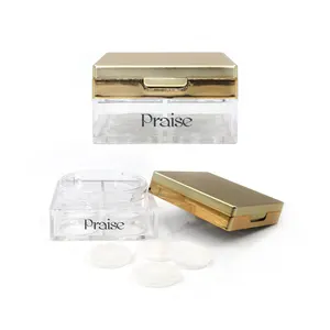 Clamshell type 4-color make-up powder case, square empty clear loose powder container with plug cosmetics packaging custom