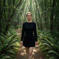 Robe mini trapèze noire unie en polyester à col rond et manches longues, taille naturelle, lavable, décontractée pour femme