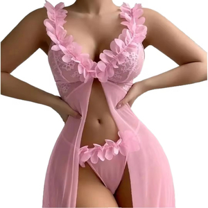 Robe de nuit princesse rose en dentelle florale résille, nuisette longue maxi une pièce, décolleté en V, ouverte sur le devant, lingerie sexy pour femme - Product Image 1