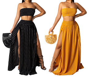 Zhzhe gaun kasual wanita, Gaun Atasan Tube belahan tinggi 2 potong, titik gelombang musim panas - Product Image 1