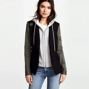 Hot selling zipper hoodie patch work cotton canvas fleece black melange french girls hoodie jacket blazer