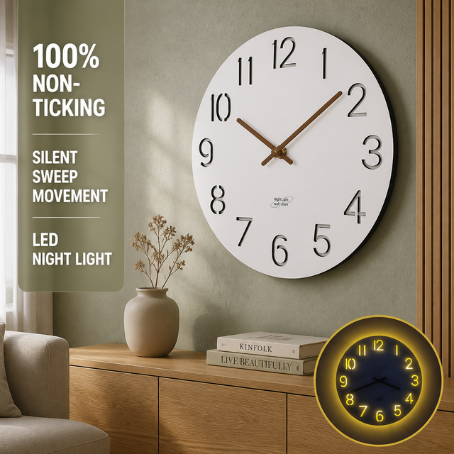 Modern Simple White Silent Wooden Wall Clock with LED Light Luxury Round Mdf Clock for Home Living Room Decoration Custom Logo
