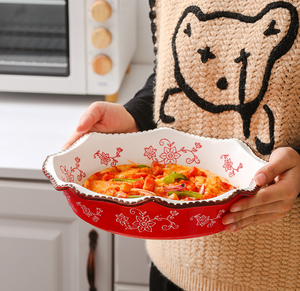Tazón de Cerámica Floral Navideño para Ensalada, Tazón para Cena con Borde Ondulado en Relieve, Tazón Decorativo Multicolor para Servir en Fiestas Navideñas - Product Image 5