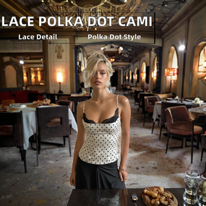 French Style Pure Desire Lace <b>Patchwork</b> Chest Shape Polka Dot Breathable Eco-Friendly Short Slim Sexy Tank <b>Top</b> Front Logo Y2K - Product Image 2