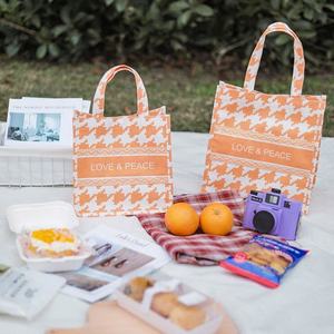 Bolso de mano informal de lino y algodón personalizable con borlas y cadenas, bolsa de almuerzo de compras impermeable plegable para mujer - Product Image 2