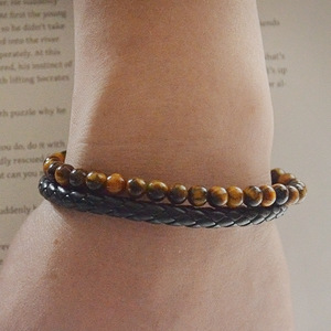 Men's Volcanic Tiger Eye Beaded <b>Bracelet</b> PU Leather Braided Black Brown Stone Jewelry Gift 7.5 8.5 9 Inches - Product Image 2