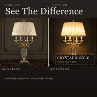 Lampe de table candélabre en cristal plaqué or avec bouton-poussoir E14 220V, abat-jour en tissu, lumière chaude pour buffet, cheminée, commode, vitrine