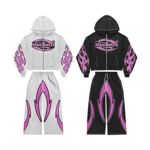 कस्टम स्ट्रीटवियर क्रॉप्ड ज़िप ऊपर कपास ग्राफिक एसिड वॉश शीनी रैइनस्टोन हुडी सेट - Product Image 4