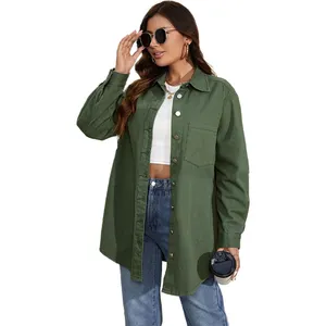 Shirt women cotton with denim green retro unisex medium long jeans blouse denim shirt lady