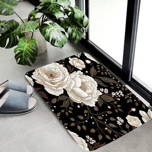Alfombra de baño de oro negro con rosas oscuras y hojas Alfombra de baño floral bohemio Flores de oro rosa vintage Estampado elegante único - Product Image 5