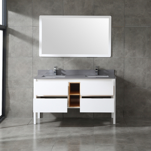 Minimalist White Freestanding Double Sink Vanity Dark Stone Countertop Cabinet with Matching White <b>Mirror</b> for Large Bathroom - Product Image 1