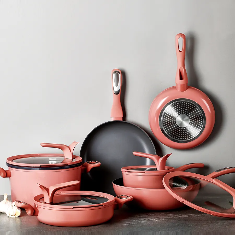 Кухонные принадлежности, набор кухонной посуды розового цвета, набор антипригарных кастрюль и сковородок