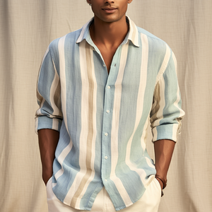 Camicia con bottoni a maniche lunghe a righe in cotone stile Business estivo da <span class=keywords><strong>spiaggia</strong></span> camicia da sposa a righe basse - Product Image 1